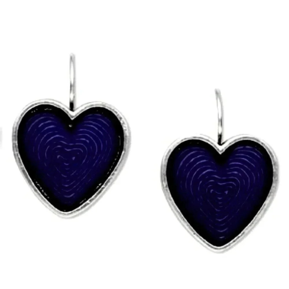 Deep Blue Matte Carved Resin Puffed Heart Silver Metal Leverback Earrings